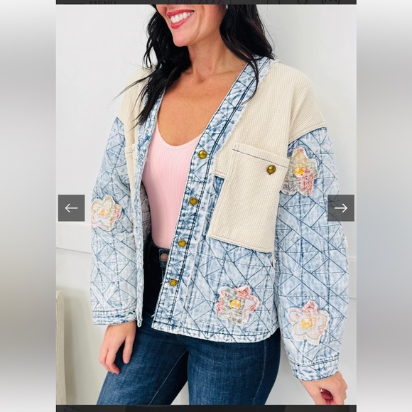 4. NWOT POL Stylish Blue and Cream Floral Quilted Patchwork Denim Jacket - Picture 2 of 8